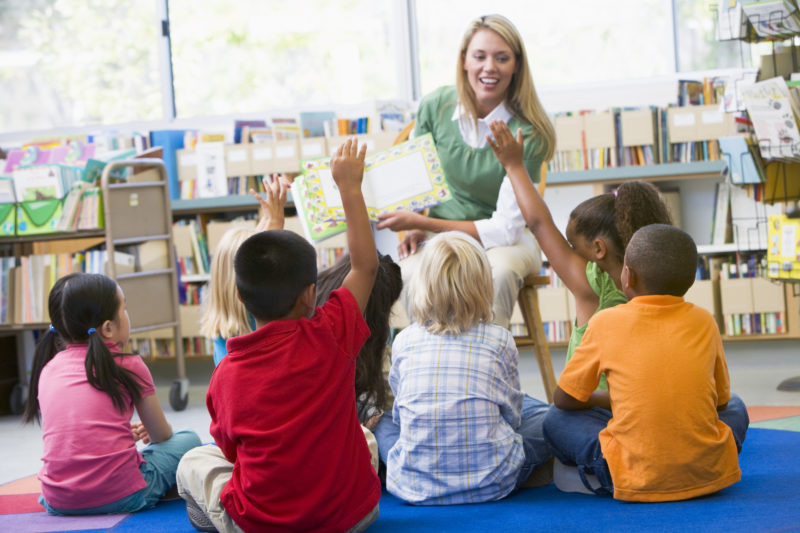 teacher reading aloud to young children in classroom showing the difference between read aloud and independent reading level