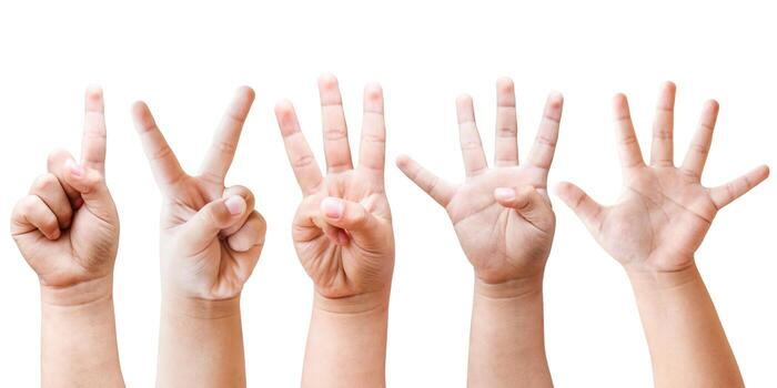 child hands counting one to five fingers demonstrating the five finger reading level rule