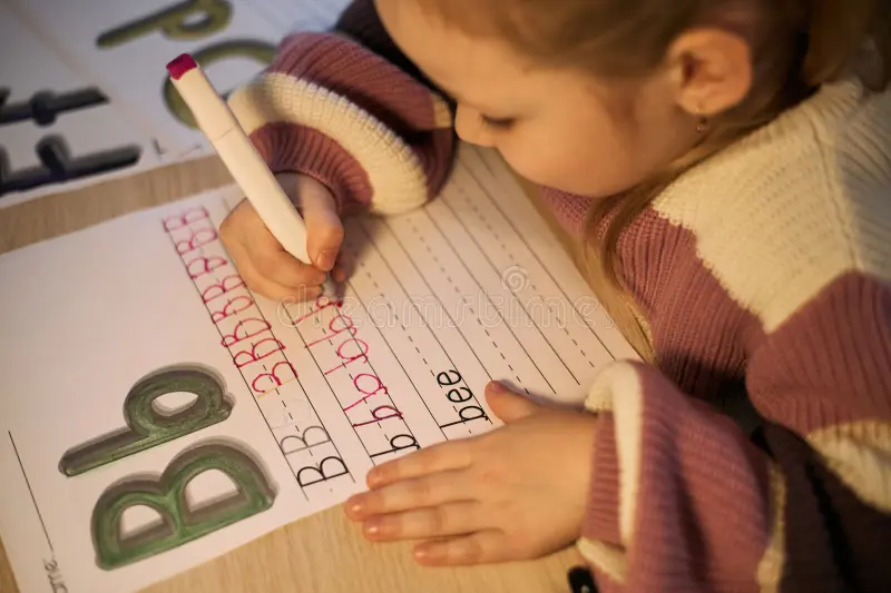 child tracing and writing letters on paper as multi-sensory learning practice