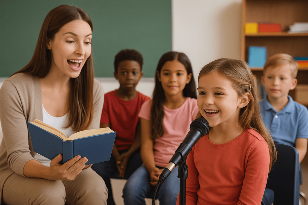 child performing readers theater as fun reading fluency activity
