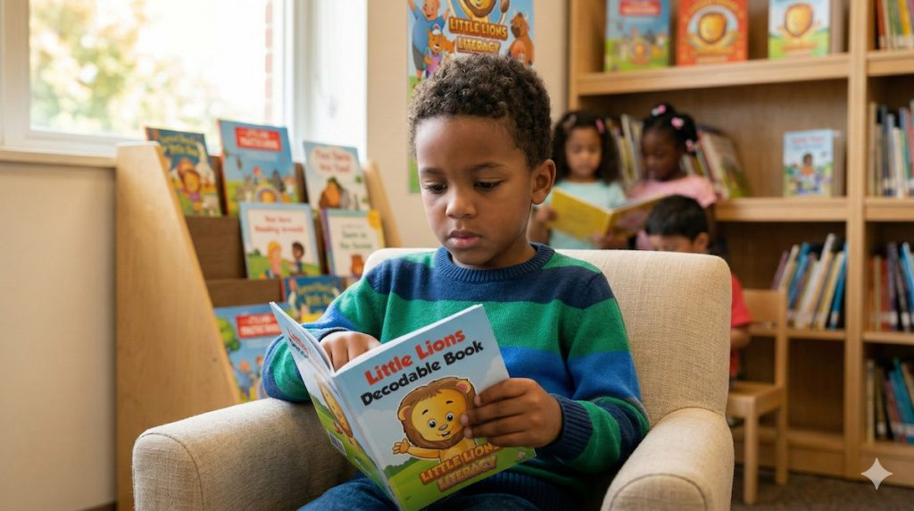 young child reading a book independently