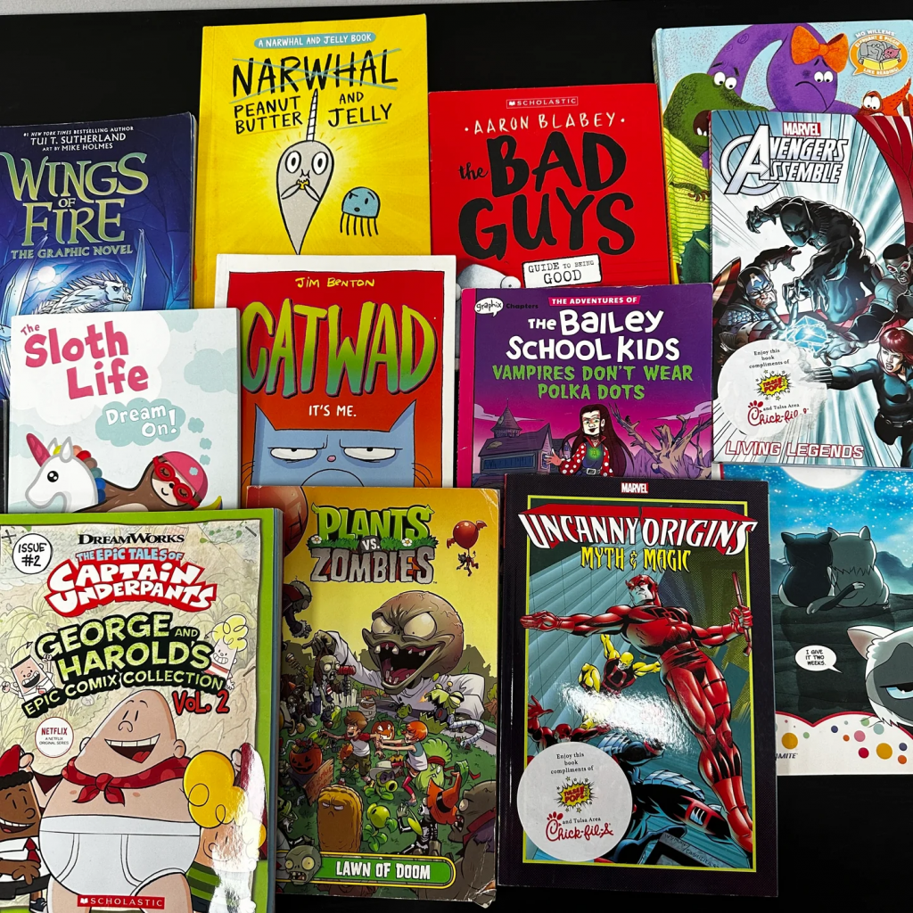 Different types of reading materials for kids including books and graphic novels