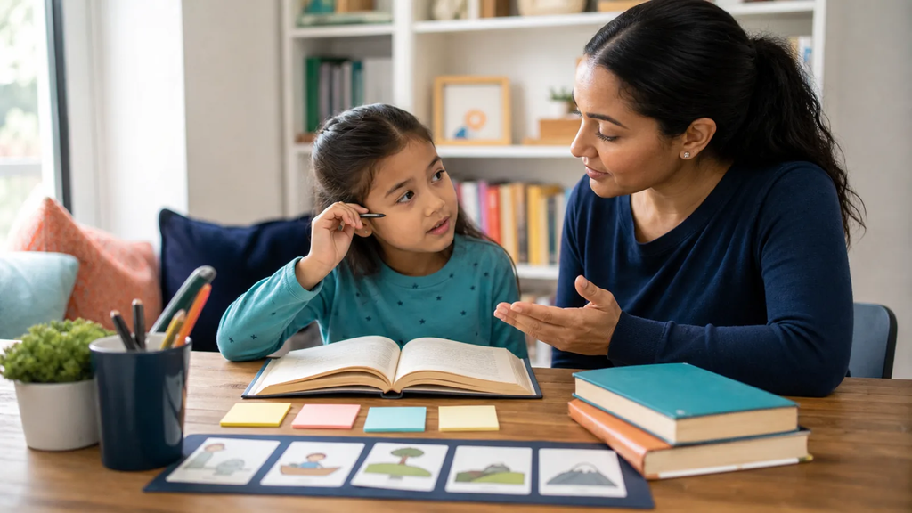 Parent reading aloud to kids and discussing a story