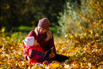 Fall books for kids surrounded by autumn leaves