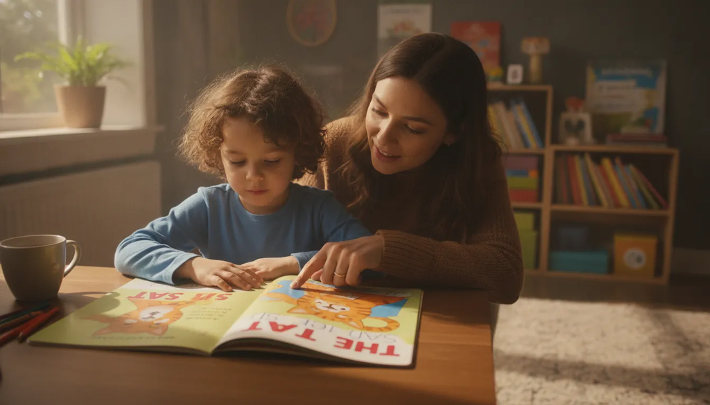 Parent and child practicing reading at home