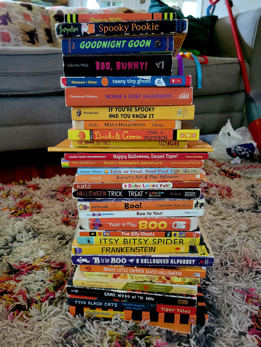 Pile of possible Halloween books for kids