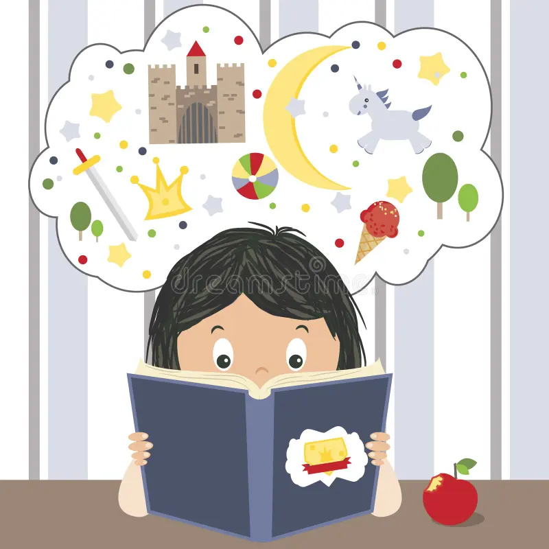 Child thinking about a story while reading