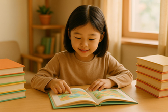 Young child reading a picture book while learning early reading skills