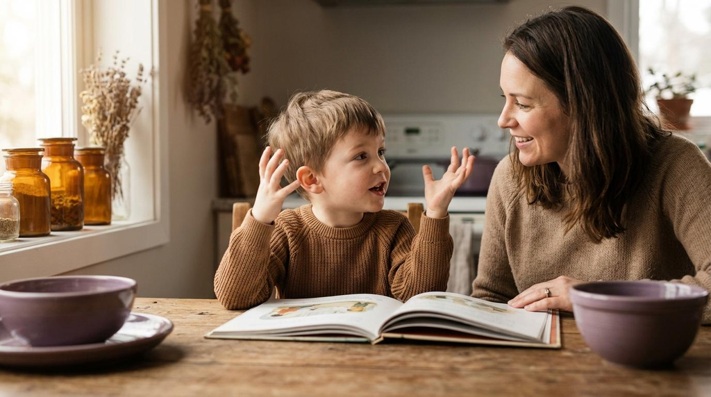 Child describing a wordless picture book while looking at picture-book illustrations with a parent