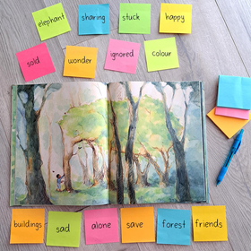 Open illustrated children's book ready for a picture walk