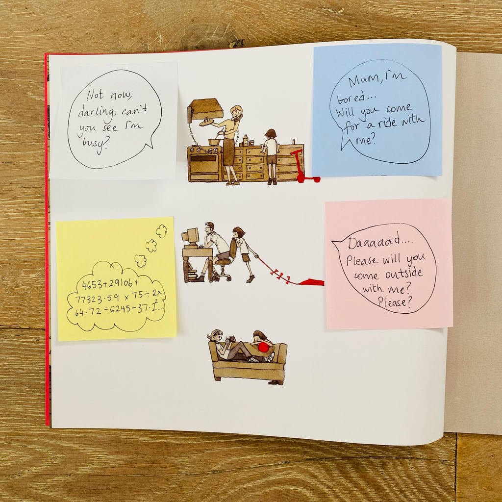 Storybook and speech bubble notes representing questions children can discuss while looking at images.